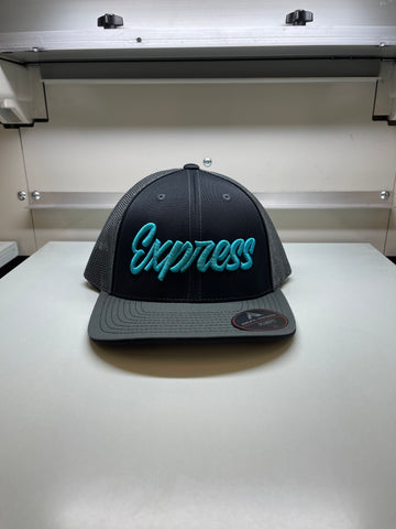 Express Cursive Logo 404M Flex Fit Hat: Black/Charcoal & Teal