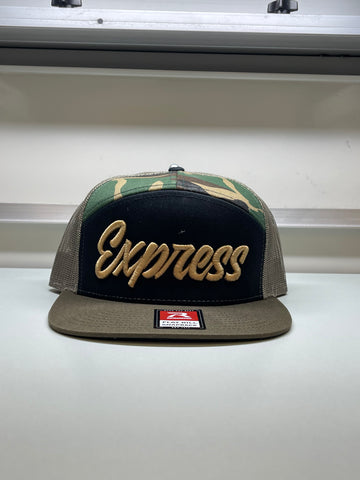 Express Cursive Logo Snap Back Hat: Camo & Gold
